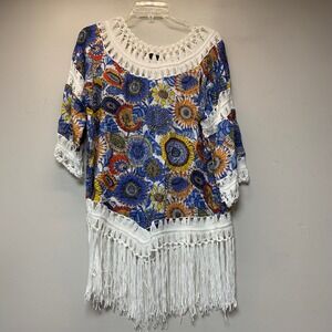 Ana & Rose Sunflower Crochet Fringe Tunic Womens Medium Blue Orange Excel Boho